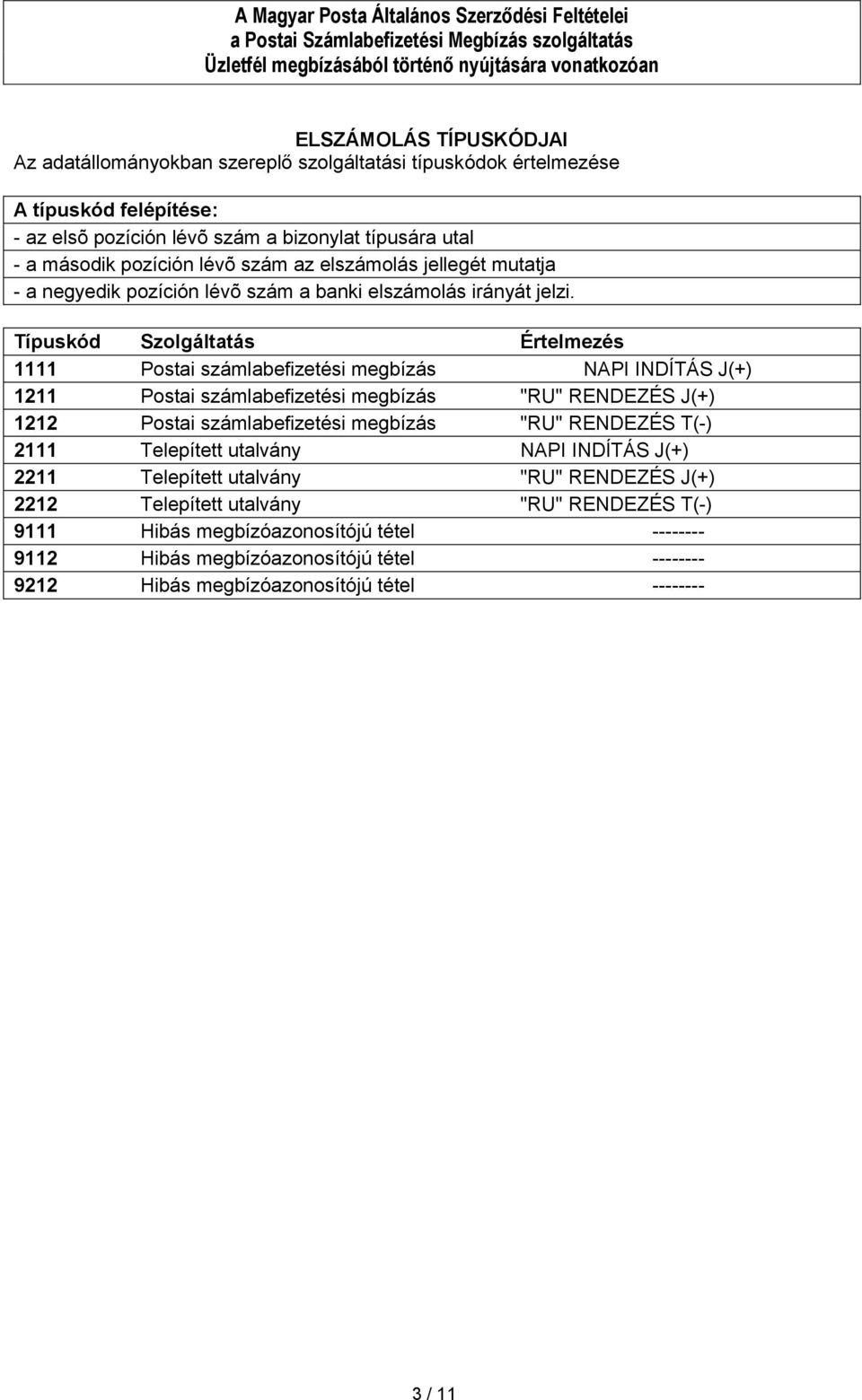 Típuskód Szolgáltatás Értelmezés 1111 Postai számlabefizetési megbízás NAPI INDÍTÁS J(+) 1211 Postai számlabefizetési megbízás "RU" RENDEZÉS J(+) 1212 Postai számlabefizetési megbízás "RU"