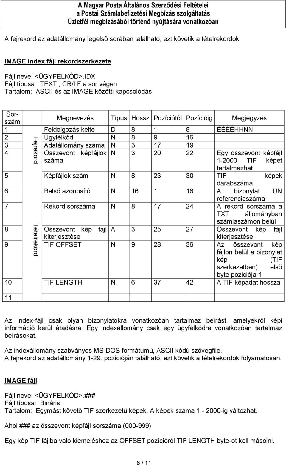 IDX Fájl típusa: TEXT, CR/LF a sor végen Tartalom: ASCII és az IMAGE közötti kapcsolódás Megnevezés Típus Hossz Pozíciótól Pozícióig Megjegyzés 1 Feldolgozás kelte D 8 1 8 ÉÉÉÉHHNN 2 Ügyfélkód N 8 9