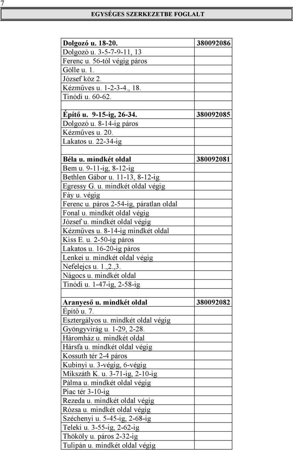 páros 2-54-ig, páratlan oldal Fonal u. mindkét oldal végig József u. mindkét oldal végig Kézműves u. 8-14-ig mindkét oldal Kiss E. u. 2-50-ig páros Lakatos u. 16-20-ig páros Lenkei u.