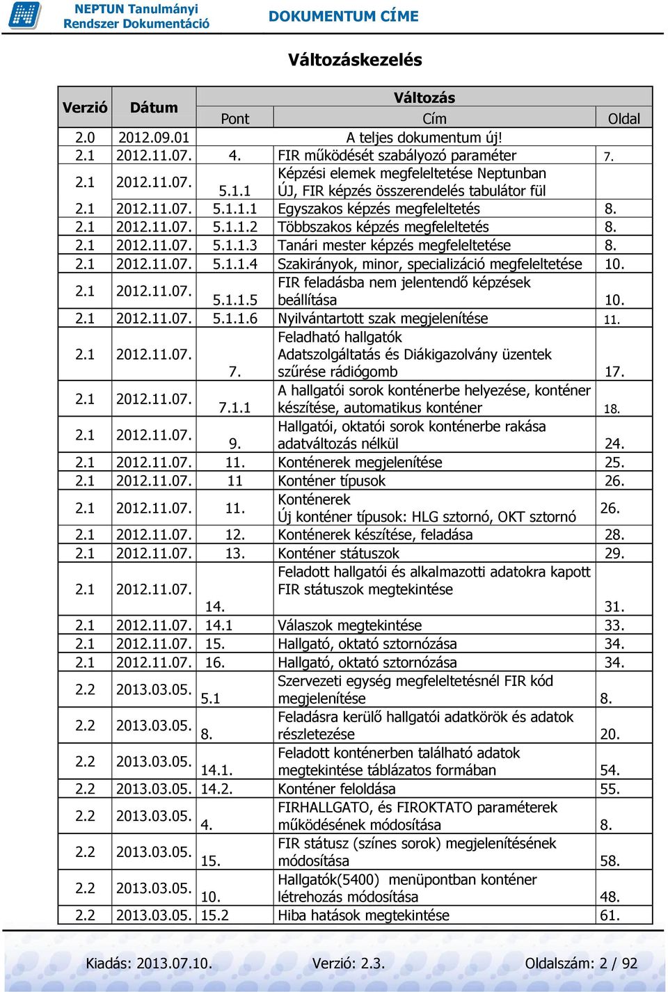 2.1 2012.11.07. 5.1.1.4 Szakirányok, minor, specializáció megfeleltetése 10. 2.1 2012.11.07. FIR feladásba nem jelentendő képzések 5.1.1.5 beállítása 10. 2.1 2012.11.07. 5.1.1.6 Nyilvántartott szak megjelenítése 11.