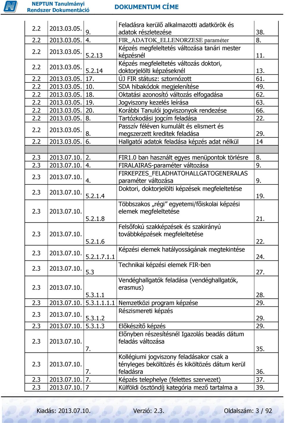 SDA hibakódok megjelenítése 49. 2.2 2013.03.05. 18. Oktatási azonosító változás elfogadása 62. 2.2 2013.03.05. 19. Jogviszony kezelés leírása 63. 2.2 2013.03.05. 20. Korábbi Tanulói jogviszonyok rendezése 66.