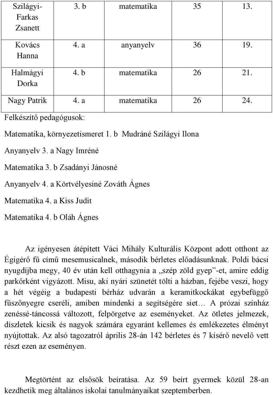 a Kiss Judit Matematika 4. b Oláh Ágnes Az igényesen átépített Váci Mihály Kulturális Központ adott otthont az Égigérő fű című mesemusicalnek, második bérletes előadásunknak.