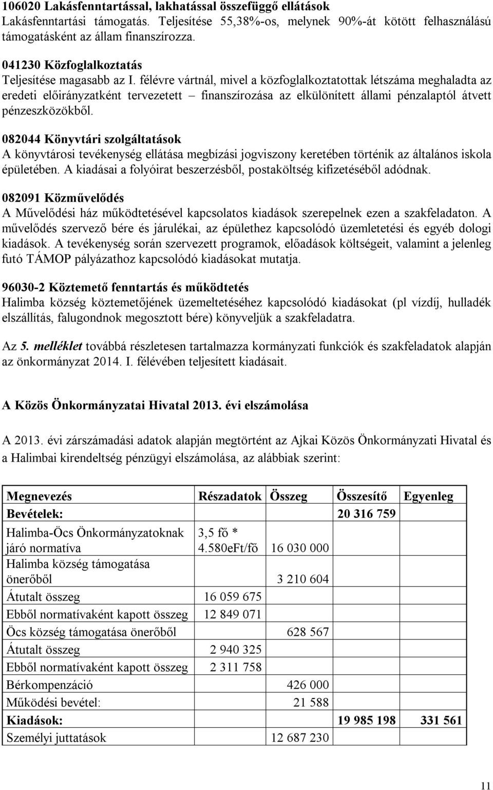 félévre vártnál, mivel a közfoglalkoztatottak létszáma meghaladta az eredeti előirányzatként tervezetett finanszírozása az elkülönített állami pénzalaptól átvett pénzeszközökből.