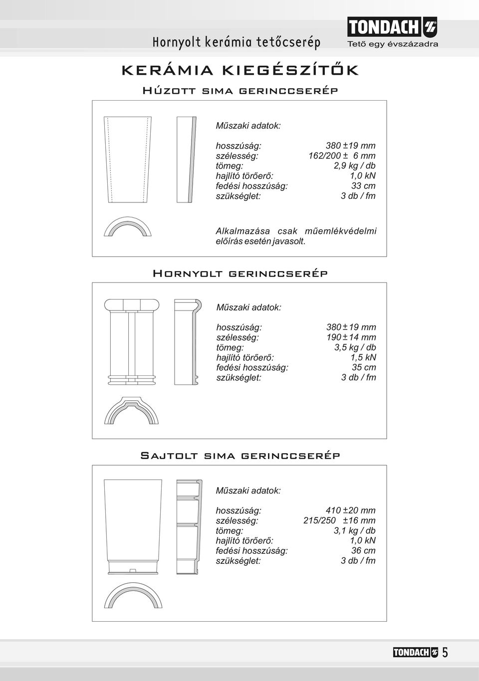 Hornyolt gerinccserép Műszaki adatok: hosszúság: szélesség: tömeg: hajlító törőerő: fedési hosszúság: szükséglet: 0 mm 0 mm, kg / db,