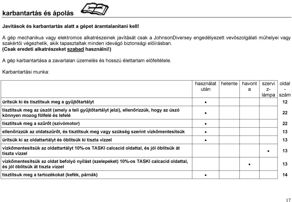 előírásban. (Csak eredeti alkatrészeket szabad használni!) A gép karbantartása a zavartalan üzemelés és hosszú élettartam előfeltétele.