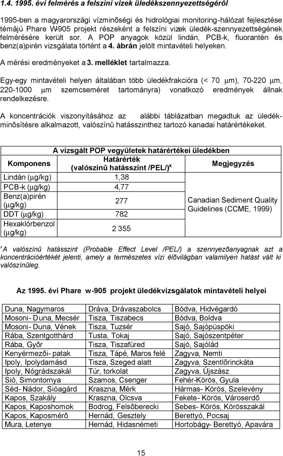 üledék-szennyezettségének felmérésére került sor. A POP anyagok közül lindán, PCB-k, fluorantén és benz(a)pirén vizsgálata történt a 4. ábrán jelölt mintavételi helyeken. A mérési eredményeket a 3.