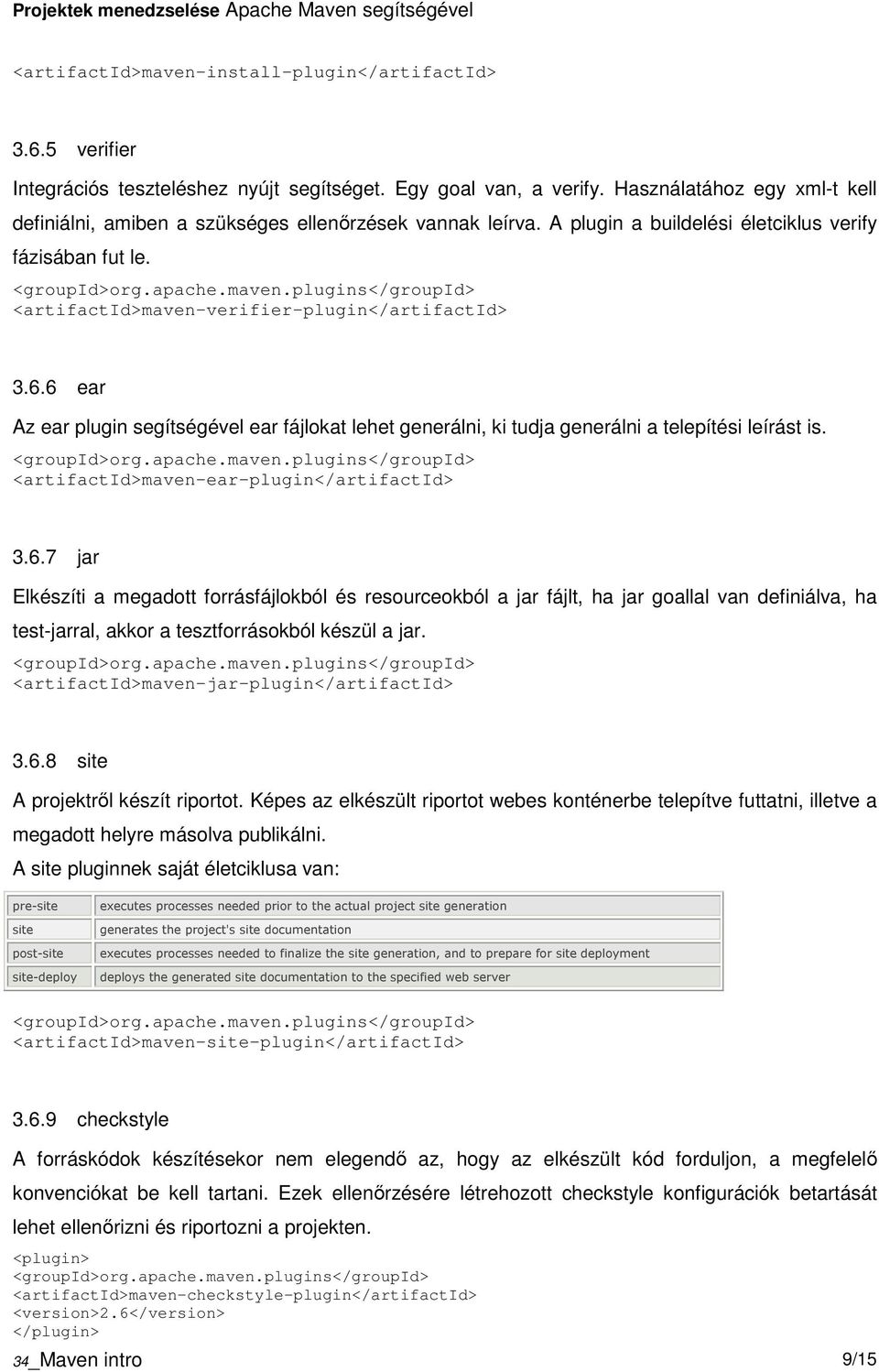 6 ear Az ear plugin segítségével ear fájlkat lehet generálni, ki tudja generálni a telepítési leírást is. <artifactid>maven-ear-plugin</artifactid> 3.6.7 jar Elkészíti a megadtt frrásfájlkból és resurcekból a jar fájlt, ha jar gallal van definiálva, ha test-jarral, akkr a tesztfrráskból készül a jar.