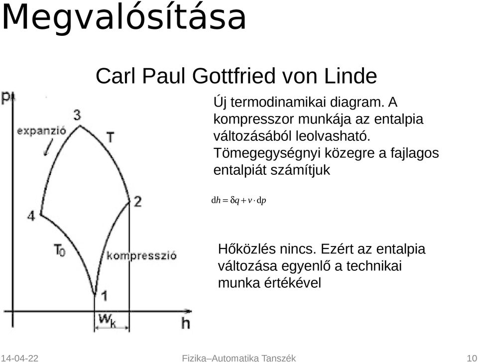 Tömegegységnyi közegre a fajlagos entalpiát számítjuk dh = δq + v dp