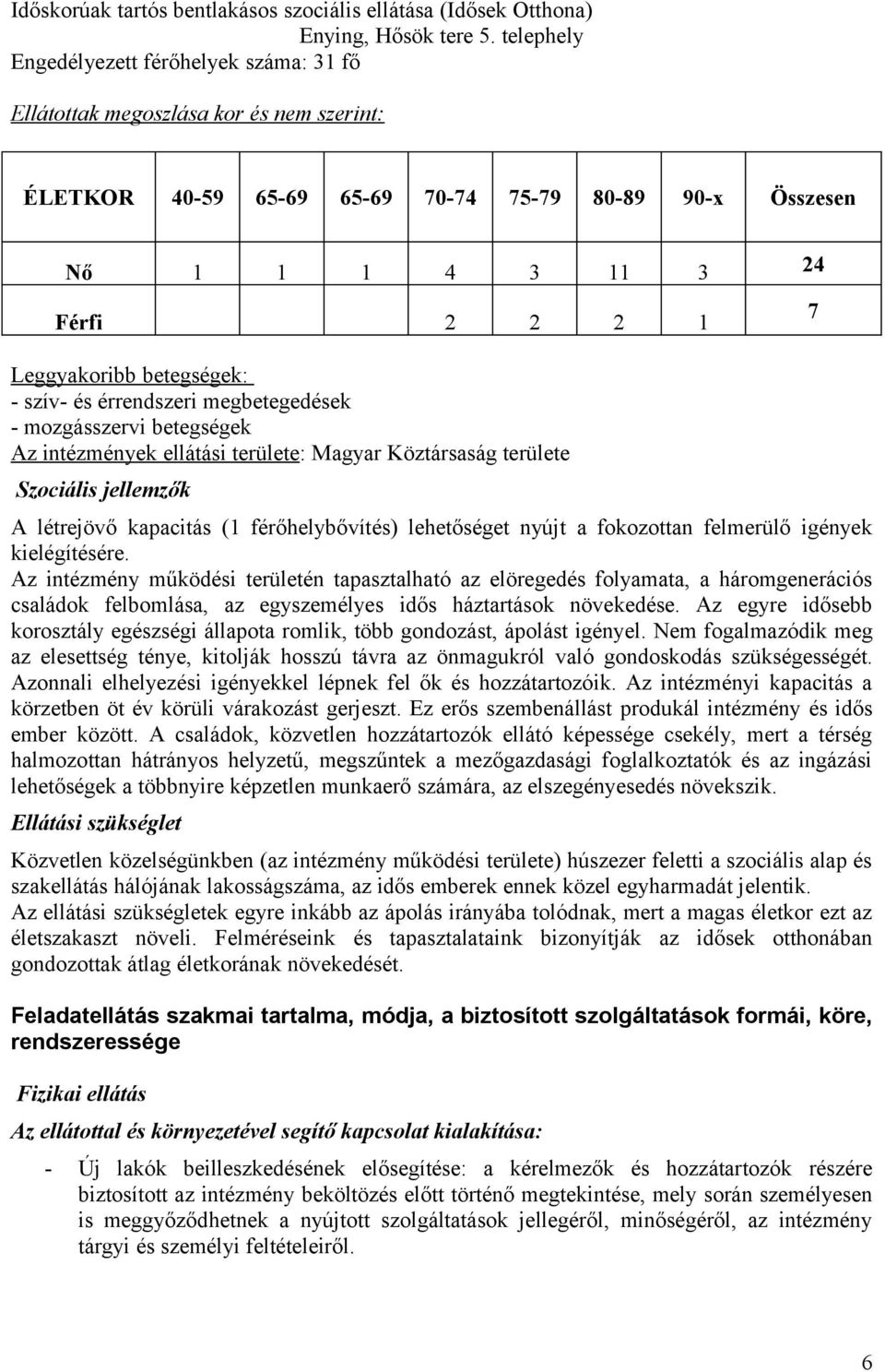 betegségek: - szív- és érrendszeri megbetegedések - mozgásszervi betegségek Az intézmények ellátási területe: Magyar Köztársaság területe Szociális jellemzők A létrejövő kapacitás (1 férőhelybővítés)