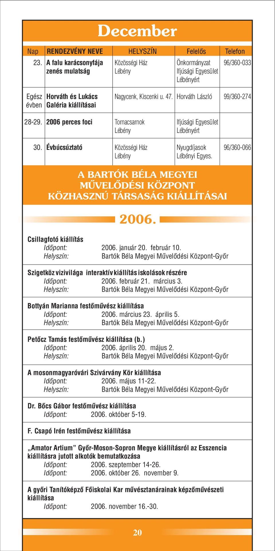 Csillagfotó kiállítás Idõpont: Helyszín: 2006. január 20. február 10. Bartók Béla Megyei Mûvelõdési Központ-Gyõr Szigetköz vizivilága interaktív kiállítás iskolások részére Idõpont: 2006. február 21.