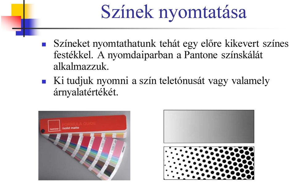 A nyomdaiparban a Pantone színskálát alkalmazzuk.