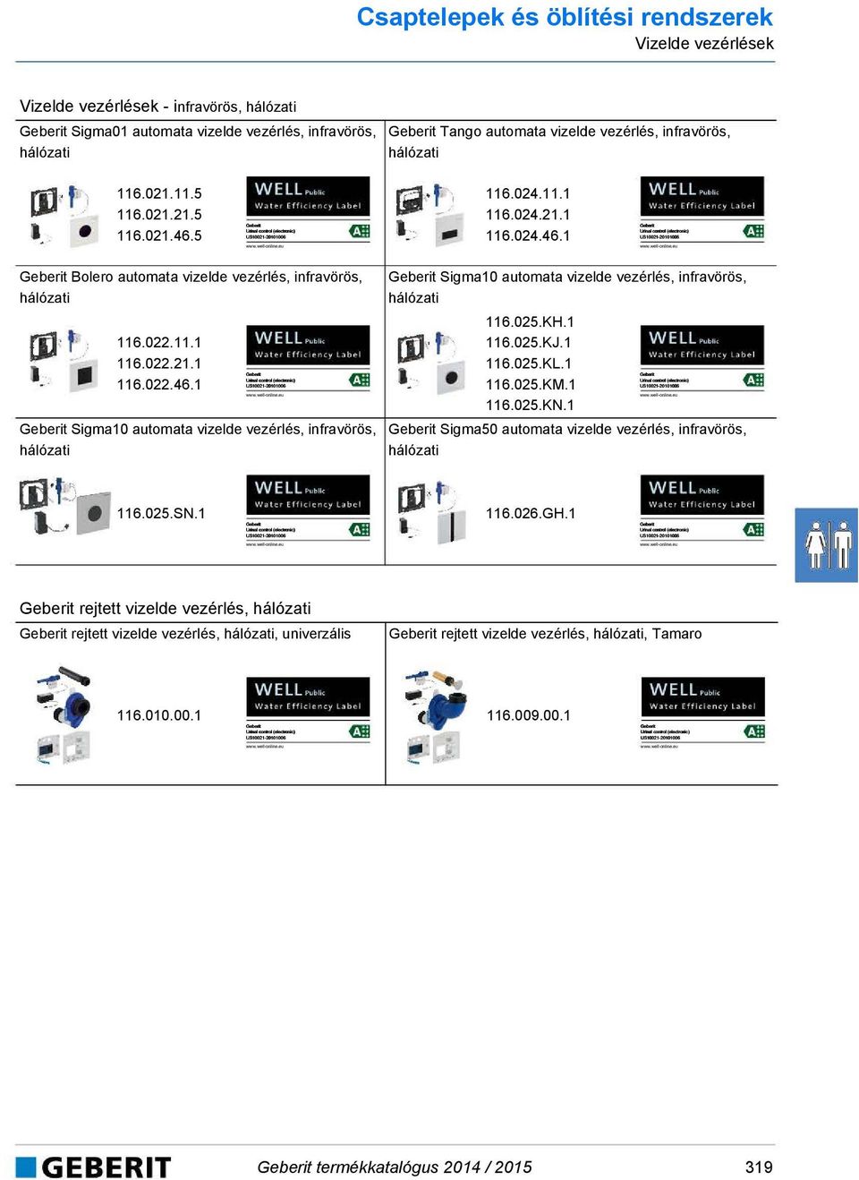 025.KH.1 116.025.KJ.1 116.025.KL.1 116.025.KM.1 116.025.KN.1 Geberit Sigma50 automata vizelde vezérlés, infravörös, hálózati 116.025.SN.1 116.026.GH.