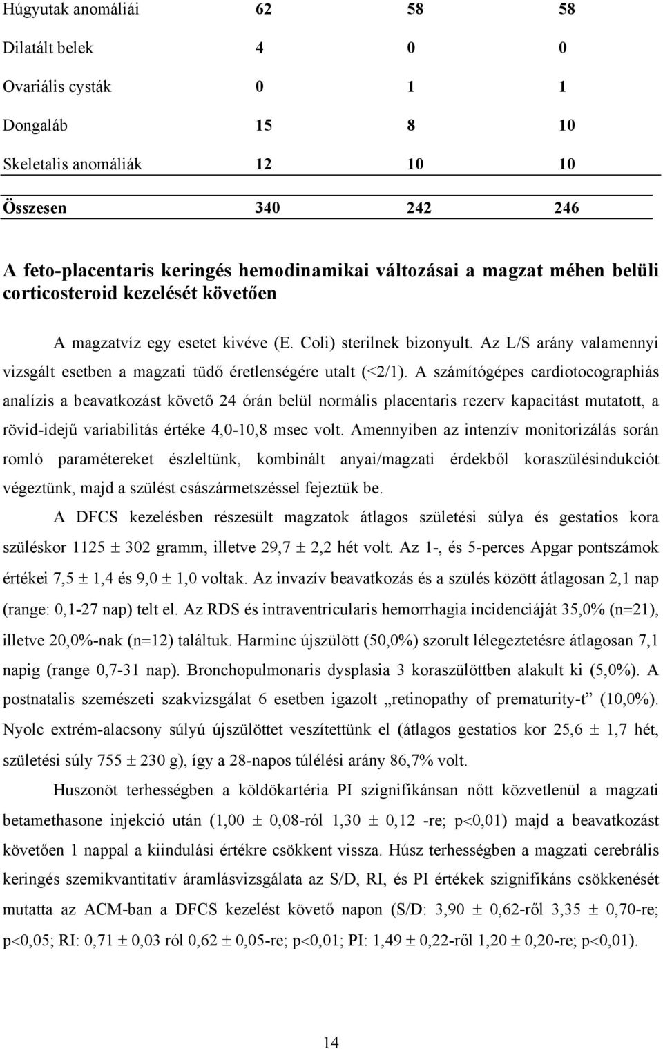 A számítógépes cardiotocographiás analízis a beavatkozást követő 24 órán belül normális placentaris rezerv kapacitást mutatott, a rövid-idejű variabilitás értéke 4,0-10,8 msec volt.