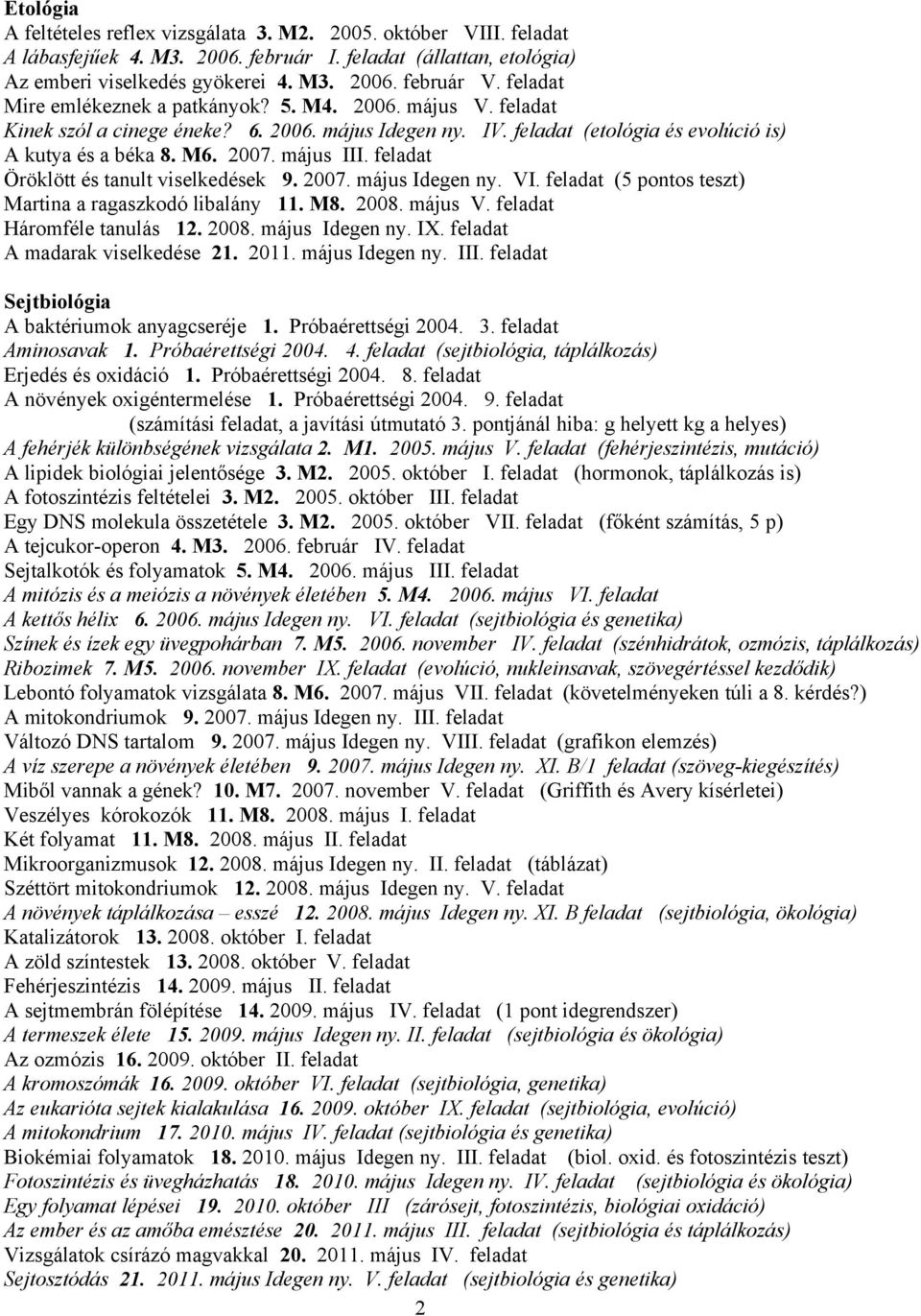 feladat Öröklött és tanult viselkedések 9. 2007. május Idegen ny. VI. feladat (5 pontos teszt) Martina a ragaszkodó libalány 11. M8. 2008. május V. feladat Háromféle tanulás 12. 2008. május Idegen ny. IX.