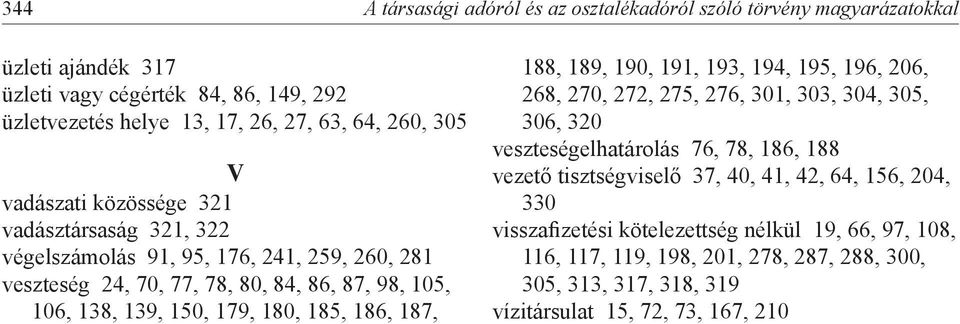 185, 186, 187, 188, 189, 190, 191, 193, 194, 195, 196, 206, 268, 270, 272, 275, 276, 301, 303, 304, 305, 306, 320 veszteségelhatárolás 76, 78, 186, 188 vezető tisztségviselő 37,