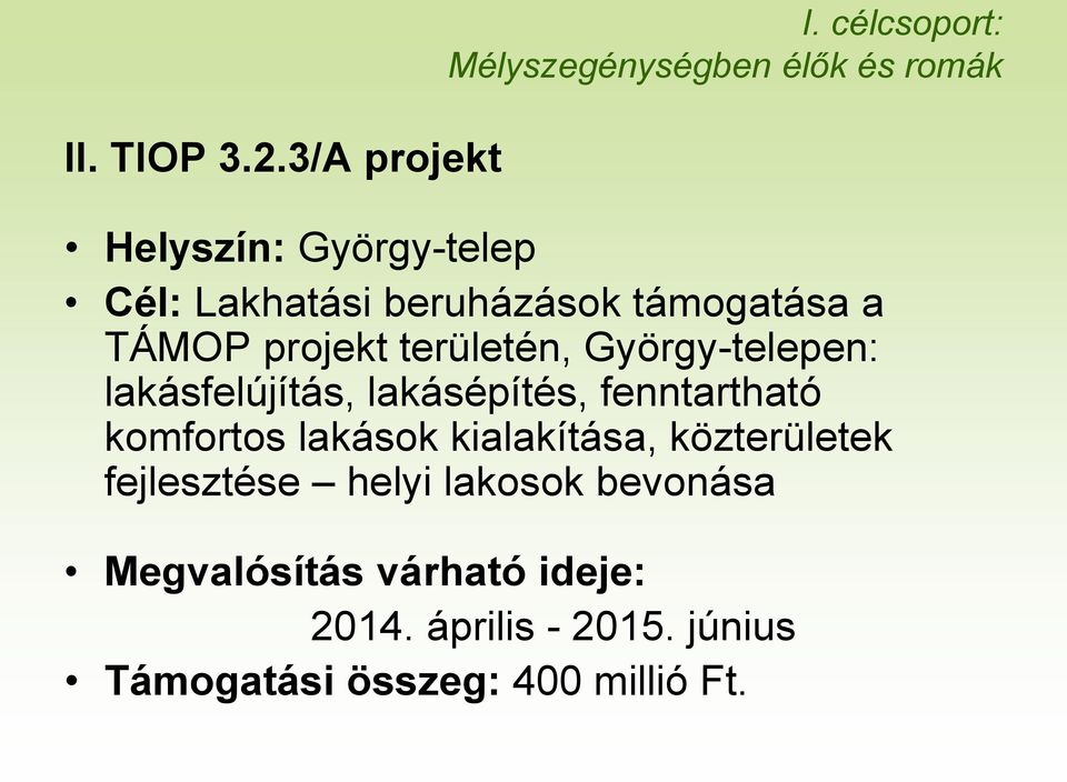 támogatása a TÁMOP projekt területén, György-telepen: lakásfelújítás, lakásépítés, fenntartható