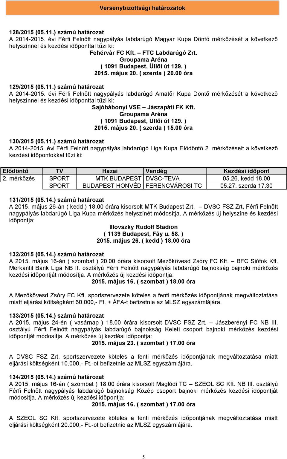 Groupama Aréna ( 1091 Budapest, Üllői út 129. ) 2015. május 20. ( szerda ) 20.00 óra 129/2015 (05.11.) számú határozat A 2014-2015.
