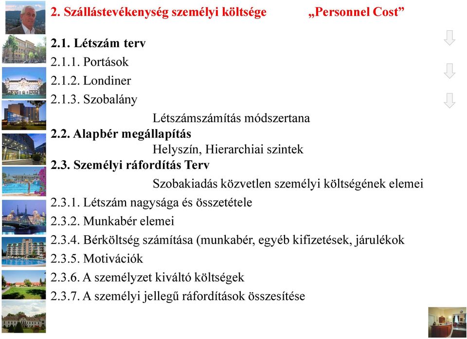 Létszám nagysága és összetétele 2.3.2. Munkabér elemei Szobakiadás közvetlen személyi költségének elemei 2.3.4.