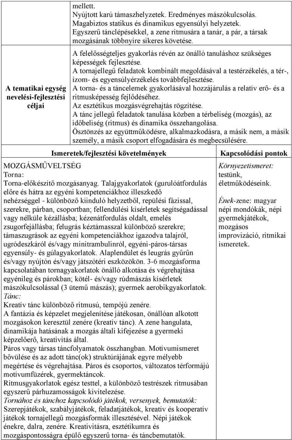 A tornajellegű feladatok kombinált megoldásával a testérzékelés, a tér-, izom- és egyensúlyérzékelés továbbfejlesztése.