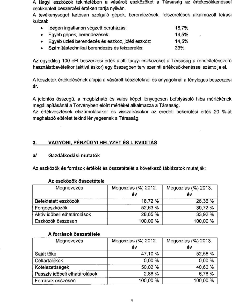 és eszköz, jóléti eszköz: 14,5% Számítástechnikai berendezés és felszerelés: 33% Az egyedileg 100 eft beszerzési érték alatti tárgyi eszközöket a Társaság a rendeltetésszerű használatbavételkor