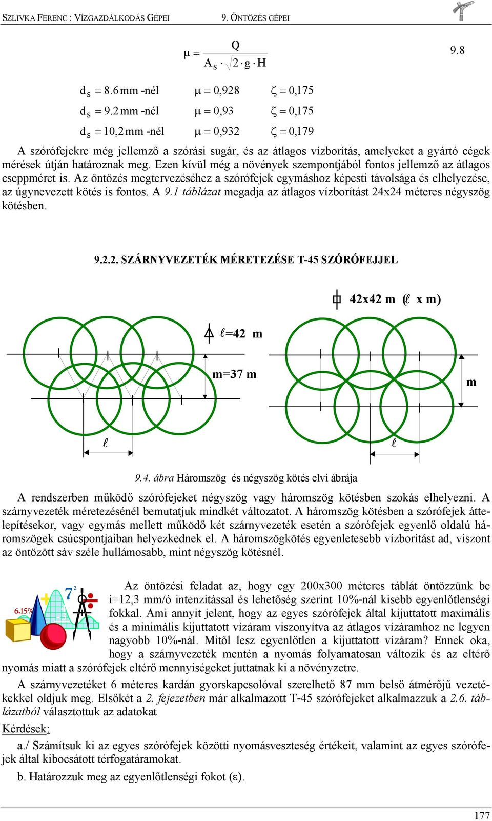 táblázat egadja az átlago ízborítát 4x4 étere négyzög kötében. 9... SZÁRNYVEZETÉK MÉRETEZÉSE T-45 SZÓRÓFEJJEL 4x4 ( l x ) l 4 7 l l 9.4. ábra Hározög é négyzög köté eli ábrája rendzerben űködő zórófejeket négyzög agy hározög kötében zoká elhelyezni.