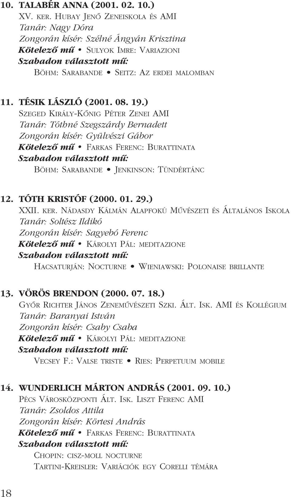 ) SZEGED KIRÁLY-KÔNIG PÉTER ZENEI AMI Tanár: Tóthné Szegszárdy Bernadett Zongorán kísér: Gyülvészi Gábor Kötelezô mû FARKAS FERENC: BURATTINATA BÖHM: SARABANDE JENKINSON: TÜNDÉRTÁNC 12.