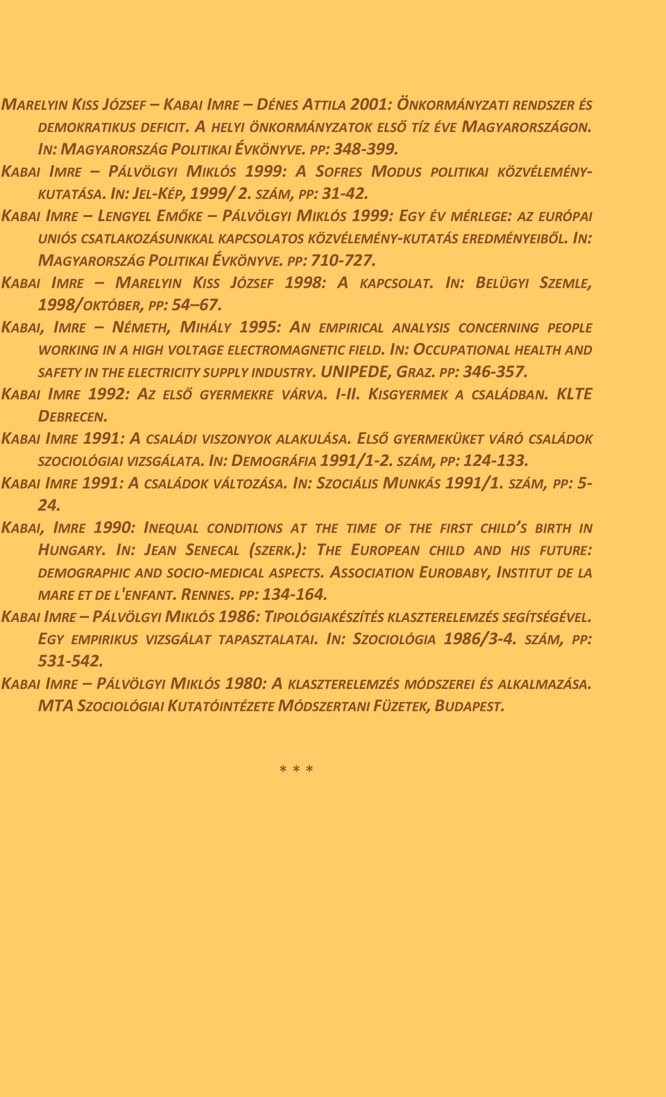 KABAI IMRE LENGYEL EMŐKE PÁLVÖLGYI MIKLÓS 1999: EGY ÉV MÉRLEGE: AZ EURÓPAI UNIÓS CSATLAKOZÁSUNKKAL KAPCSOLATOS KÖZVÉLEMÉNY-KUTATÁS EREDMÉNYEIBŐL. IN: MAGYARORSZÁG POLITIKAI ÉVKÖNYVE. PP: 710-727.