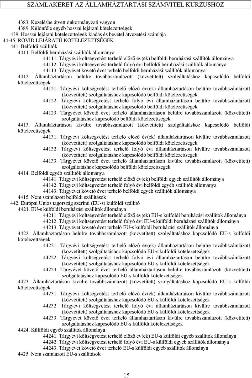 Tárgyévi költségvetést terhelő folyó évi belföldi beruházási szállítók állománya 44113. Tárgyévet követő évet terhelő belföldi beruházási szállítók állománya 4412.