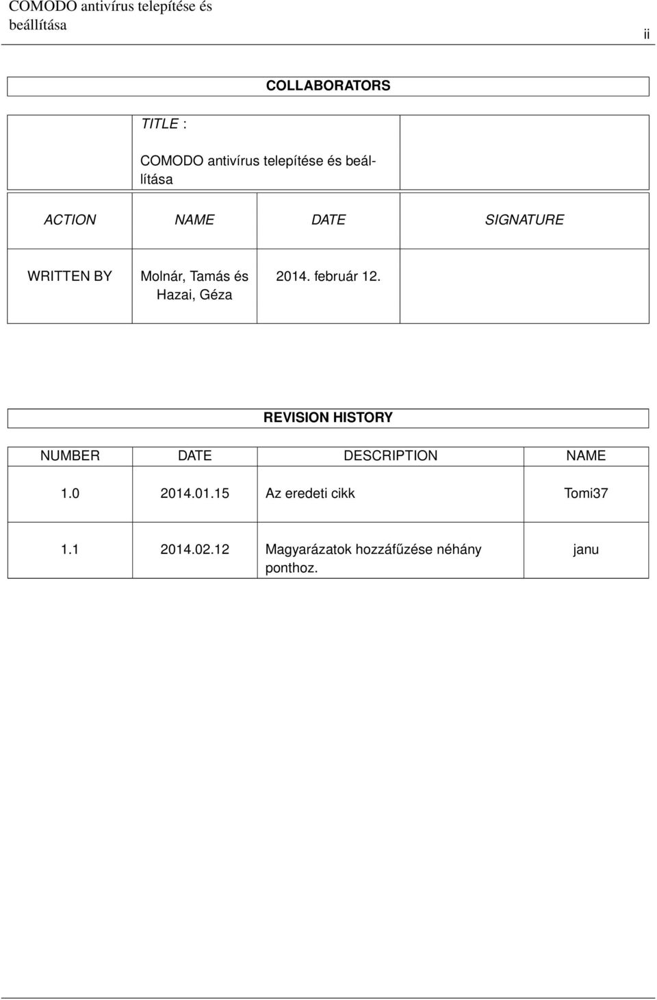 REVISION HISTORY NUMBER DATE DESCRIPTION NAME 1.0 2014