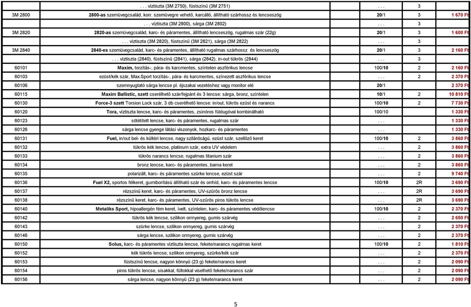 .. víztiszta (3M 2820), füstszínű (3M 2821), sárga (3M 2822)... 3 3M 2840 2840-es szemüvegcsalád, karc- és páramentes, állítható rugalmas szárhossz és lencseszög 20/1 3 2 160 Ft.