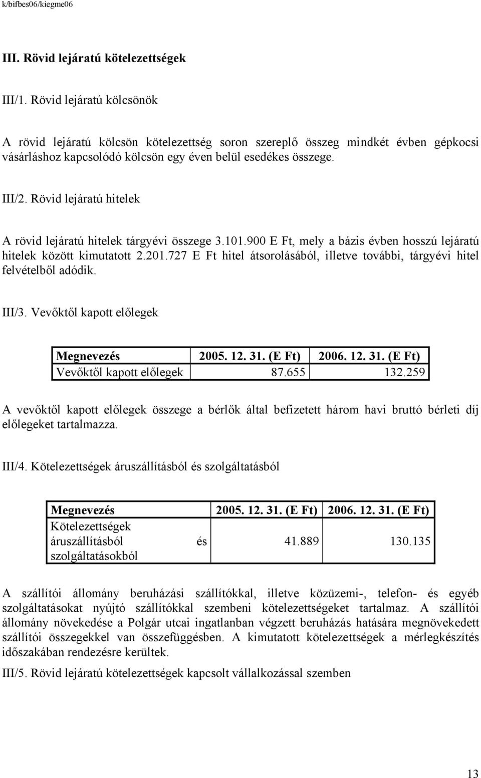 Rövid lejáratú hitelek A rövid lejáratú hitelek tárgyévi összege 3.101.900 E Ft, mely a bázis évben hosszú lejáratú hitelek között kimutatott 2.201.