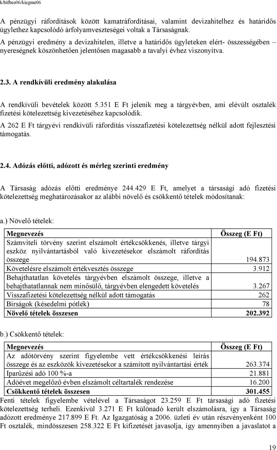 A rendkívüli eredmény alakulása A rendkívüli bevételek között 5.351 E Ft jelenik meg a tárgyévben, ami elévült osztalék fizetési kötelezettség kivezetéséhez kapcsolódik.