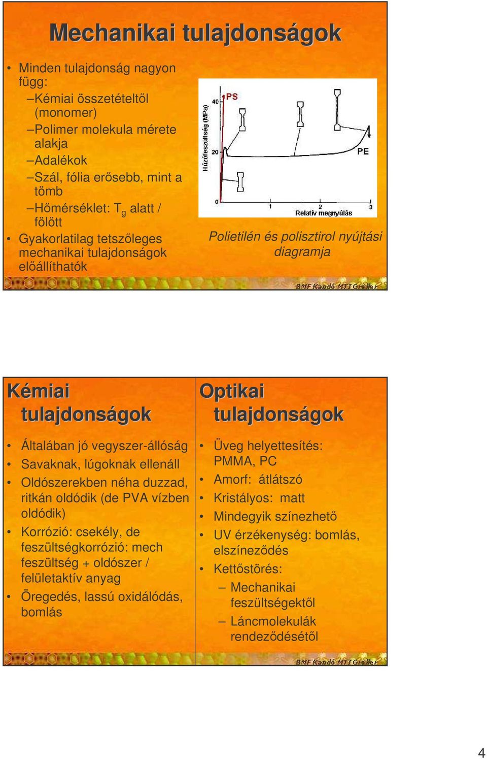 Oldószerekben néha duzzad, ritkán oldódik (de PVA vízben oldódik) Korrózió: csekély, de feszültségkorrózió: mech feszültség + oldószer / felületaktív anyag Öregedés, lassú oxidálódás, bomlás