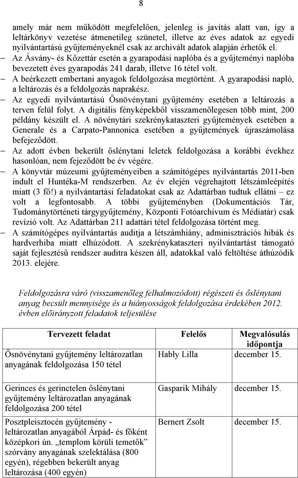 A beérkezett embertani anyagok feldolgozása megtörtént. A gyarapodási napló, a leltározás és a feldolgozás naprakész.