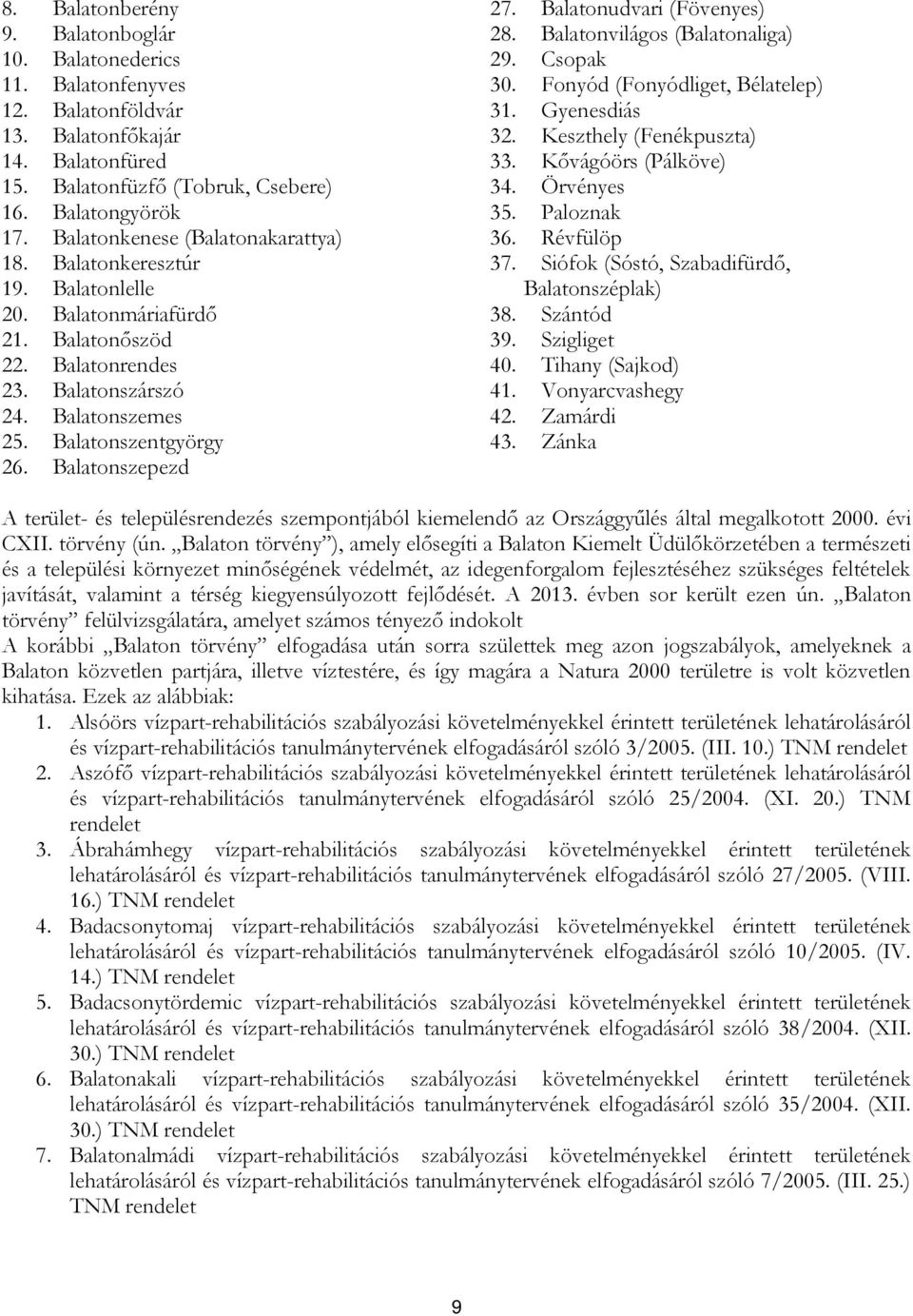 Balatonszepezd 27. Balatonudvari (Fövenyes) 28. Balatonvilágos (Balatonaliga) 29. Csopak 30. Fonyód (Fonyódliget, Bélatelep) 31. Gyenesdiás 32. Keszthely (Fenékpuszta) 33. Kővágóörs (Pálköve) 34.