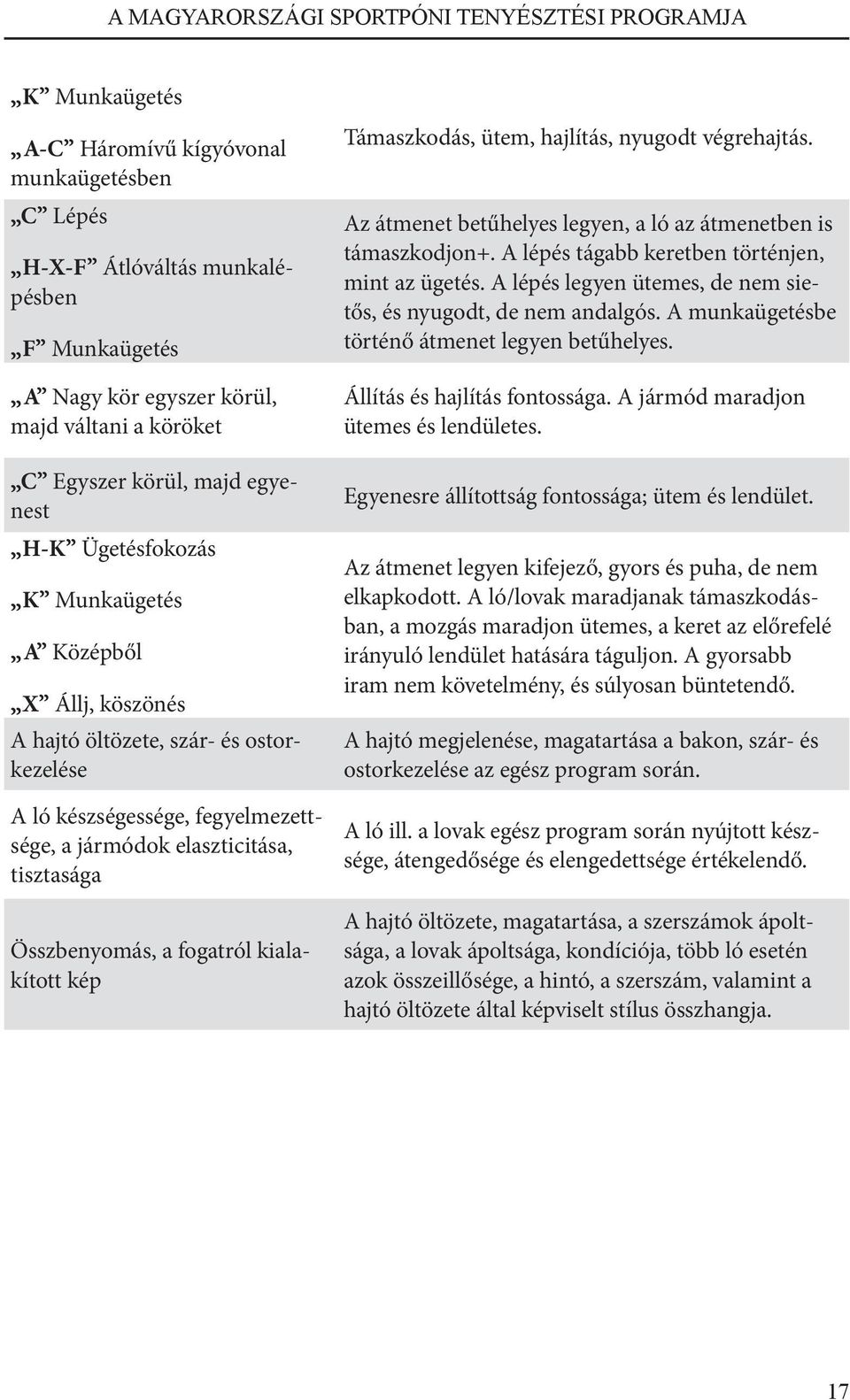 kialakított kép Támaszkodás, ütem, hajlítás, nyugodt végrehajtás. Az átmenet betűhelyes legyen, a ló az átmenetben is támaszkodjon+. A lépés tágabb keretben történjen, mint az ügetés.