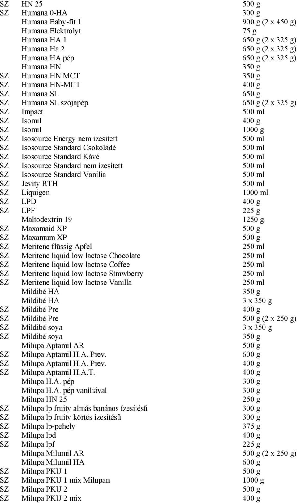 Isosource Standard Csokoládé 500 ml SZ Isosource Standard Kávé 500 ml SZ Isosource Standard nem ízesített 500 ml SZ Isosource Standard Vanília 500 ml SZ Jevity RTH 500 ml SZ Liquigen 1000 ml SZ LPD