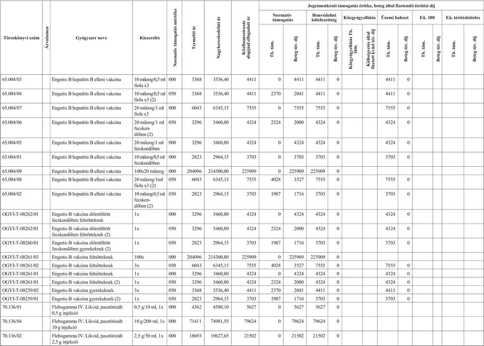 004/06 Engerix B hepatitis B elleni vakcina 20 mik rog/1 ml fecskendõben (2) 65.004/05 Engerix B hepatitis B elleni vakcina 20 mikrog/1 ml fecskendõben 65.