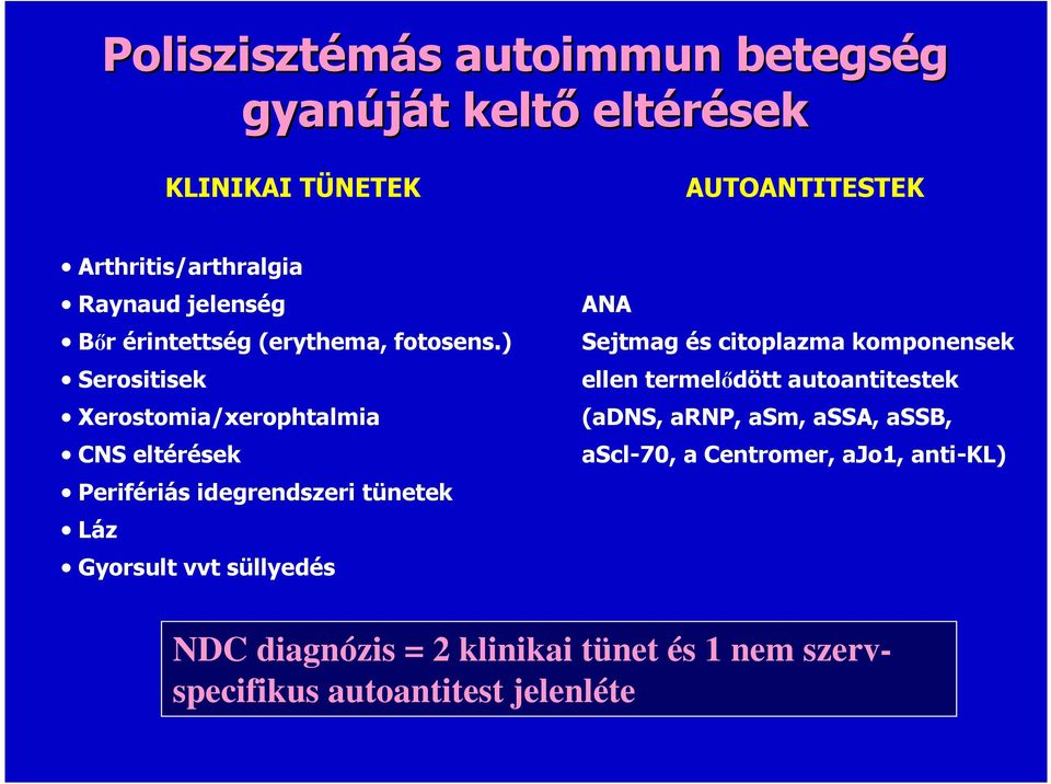 ) Serositisek Xerostomia/xerophtalmia CNS eltérések Perifériás idegrendszeri tünetek Láz Gyorsult vvt süllyedés ANA Sejtmag