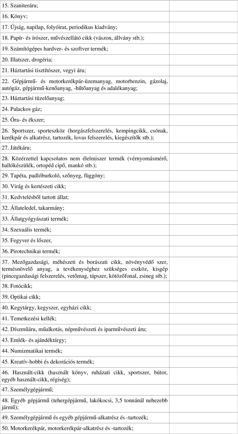 Háztartási tüzelőanyag; 24. Palackos gáz; 25. Óra és ékszer; 26. Sportszer, sporteszköz (horgászfelszerelés, kempingcikk, csónak, kerékpár és alkatrész, tartozék, lovas felszerelés, kiegészítők stb.