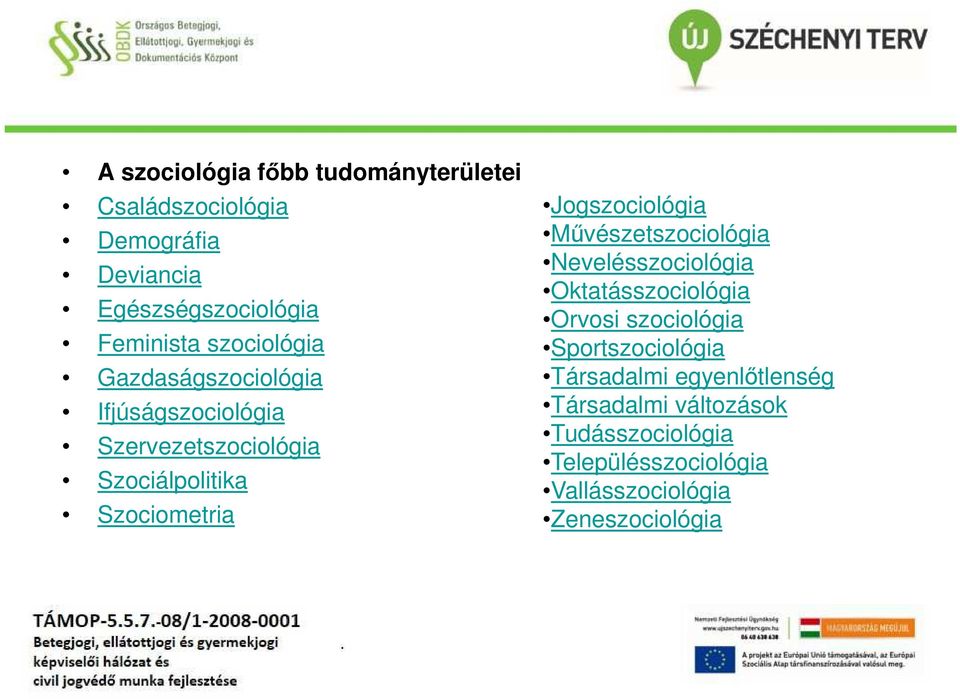 Jogszociológia Művészetszociológia Nevelésszociológia Oktatásszociológia Orvosi szociológia Sportszociológia