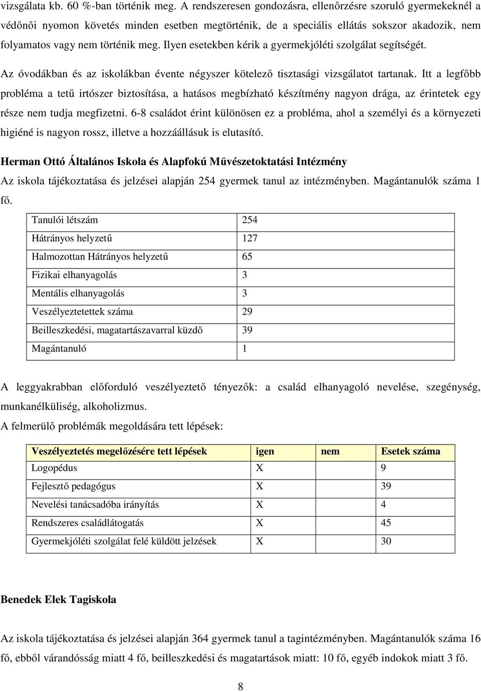 Ilyen esetekben kérik a gyermekjóléti szolgálat segítségét. Az óvodákban és az iskolákban évente négyszer kötelező tisztasági vizsgálatot tartanak.