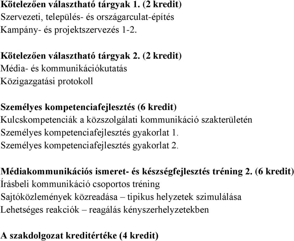 Személyes kompetenciafejlesztés gyakorlat 1. Személyes kompetenciafejlesztés gyakorlat 2. Médiakommunikációs ismeret- és készségfejlesztés tréning 2.