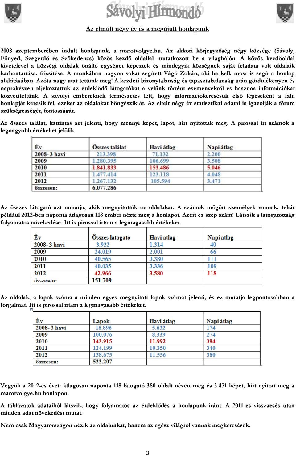 A közös kezdőoldal kivételével a községi oldalak önálló egységet képeztek és mindegyik községnek saját feladata volt oldalaik karbantartása, frissítése.