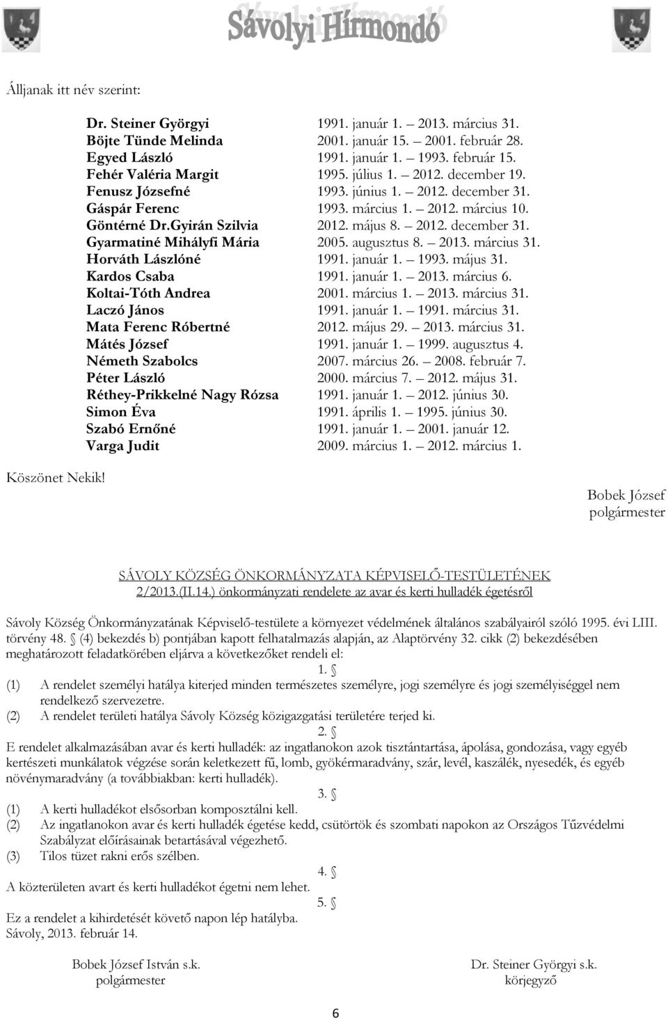 2012. december 31. Gyarmatiné Mihályfi Mária 2005. augusztus 8. 2013. március 31. Horváth Lászlóné 1991. január 1. 1993. május 31. Kardos Csaba 1991. január 1. 2013. március 6.