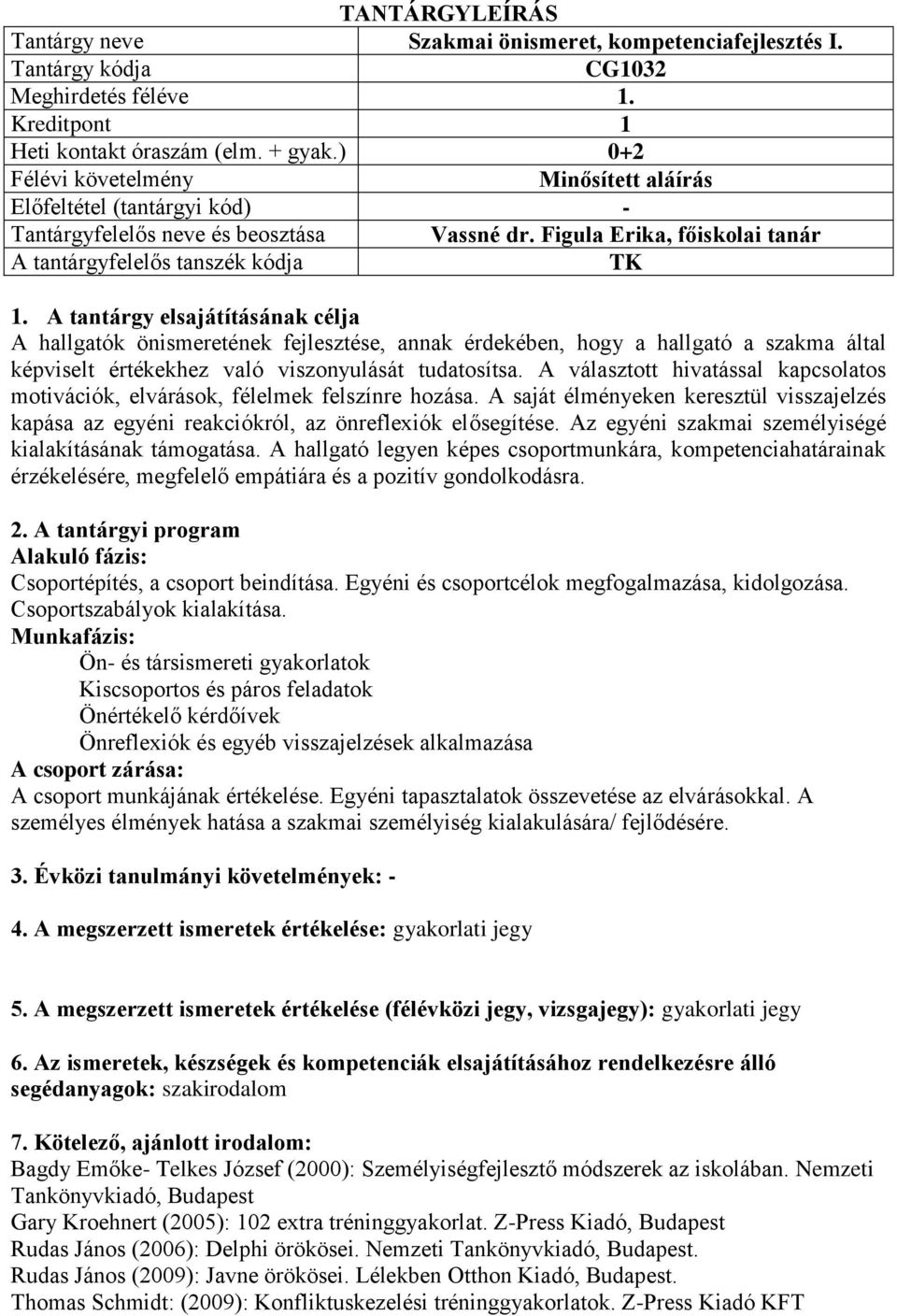 A tantárgy elsajátításának célja A hallgatók önismeretének fejlesztése, annak érdekében, hogy a hallgató a szakma által képviselt értékekhez való viszonyulását tudatosítsa.