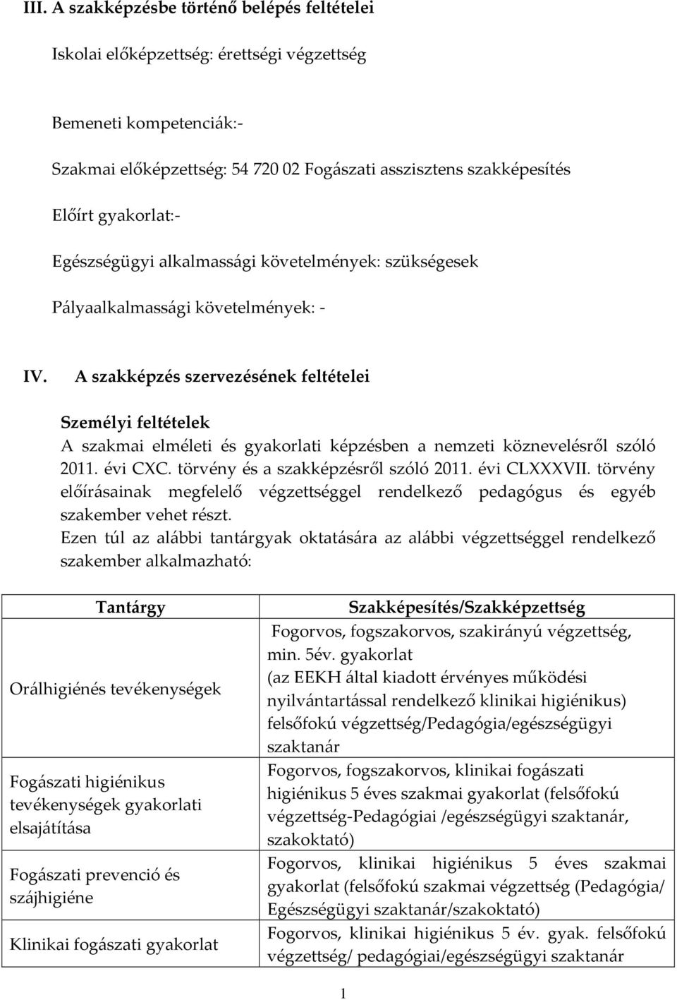 A szakképzés szervezésének feltételei Személyi feltételek A szakmai elméleti és gyakorlati képzésben a nemzeti köznevelésről szóló 2011. évi CXC. törvény és a szakképzésről szóló 2011. évi CLXXXVII.