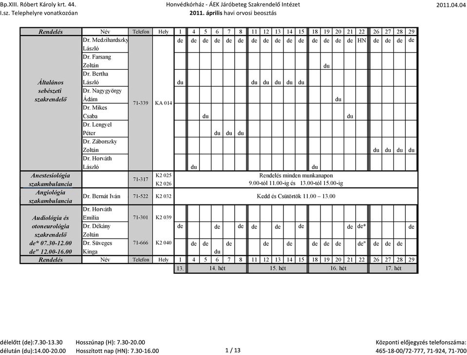 Horváth László du du Anestesiológia K2 025 Rendelés minden munkanapon 71-317 szakambulancia K2 026 9.00-tól 11.00-ig és 13.00-tól 15.00-ig Angiológia szakambulancia Dr.