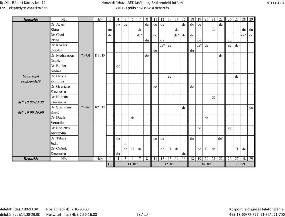 Balázs de de szakrendelő Krisztina Dr. Gyenizse de de Zsuzsanna Dr. Kálmán de de* 10.00-13.30 Zsuzsanna Dr. Szathmáry 71-569 K2 013 de de de" 10.00-16.00 Enikő Dr. Dudás de de Veronika Dr.