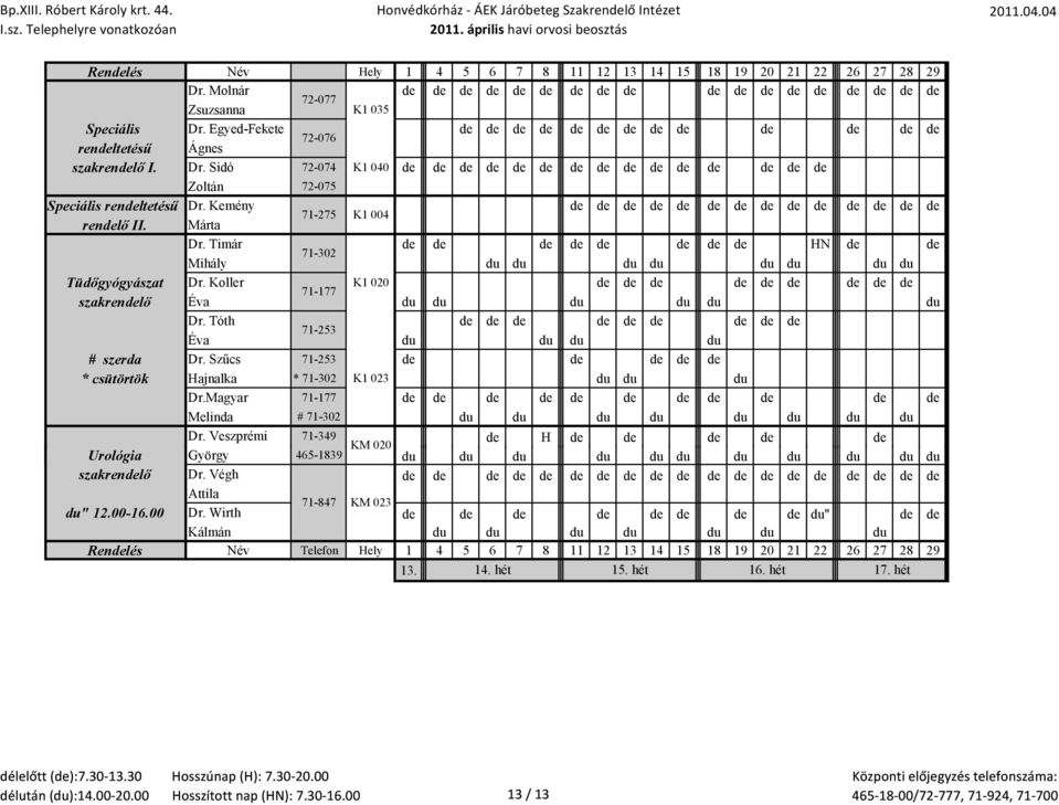 Sidó 72-074 K1 040 de de de de de de de de de de de de de de de Zoltán 72-075 Speciális rendeltetésű Dr. Kemény de de de de de de de de de de de de de de 71-275 K1 004 rendelő II. Márta Dr.